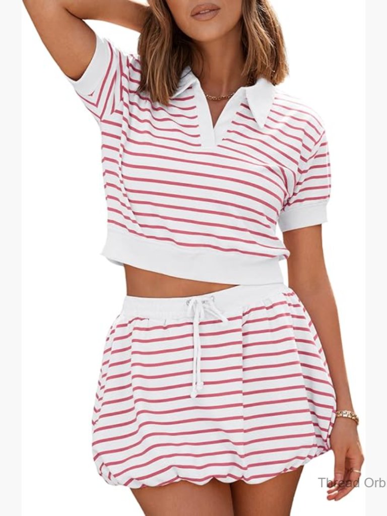 Striped Bubble Skirt Set, Short Sleeve Crop Top, Elastic Waist, Size Small
